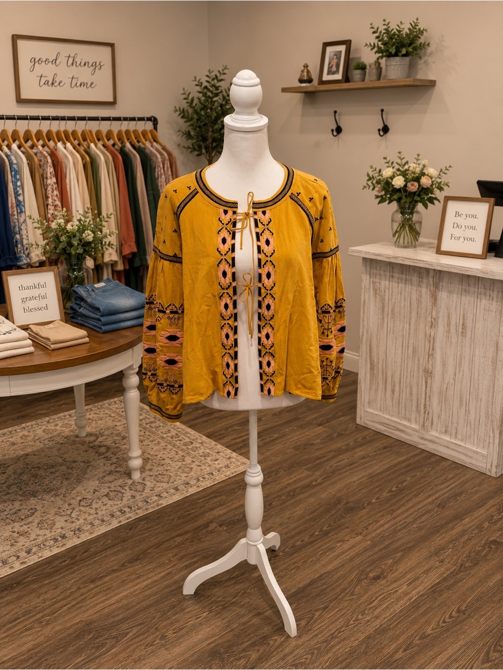 RD & Koko Size Large Mustard Embroidered Boho Cotton Jacket